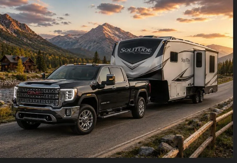 GMC Sierra truck towing a Grand Design travel trailer with mountain sunset view
