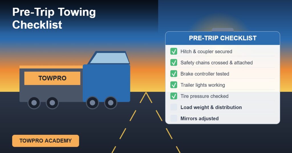 Pre-trip towing checklist on a clipboard next to a truck and trailer ready to depart