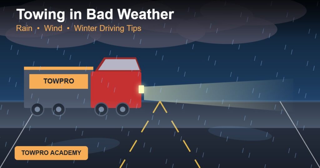 Truck towing a trailer in rainy conditions — tips for towing safely in bad weather