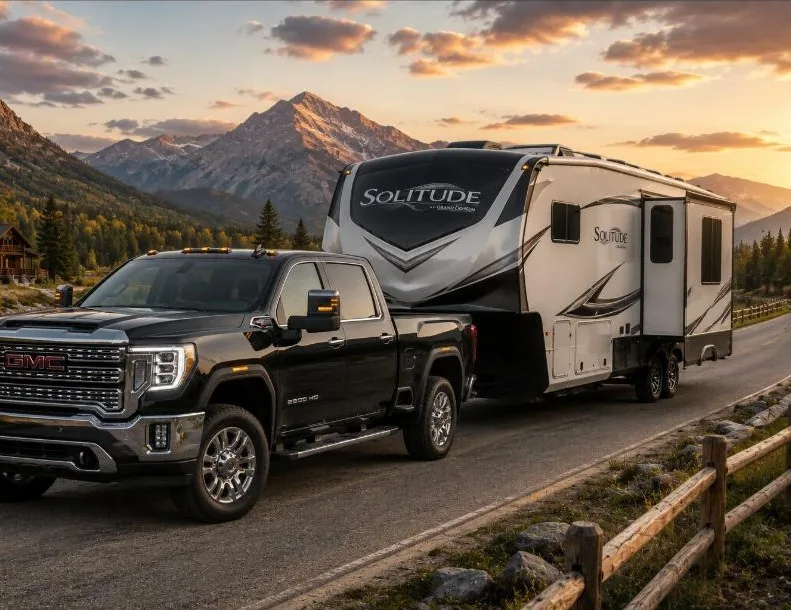 Pickup truck towing a travel trailer through the desert